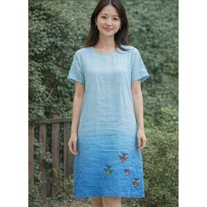 VTG Coconut Bay Maxi Linen Dress Short Sleeve Summer Beach Fish